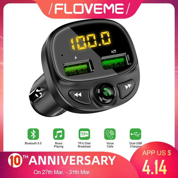 Floveme usb carregador de carro para o telefone bluetooth sem fio transmissor fm mp3 player duplo usb carregador tf cartão música handfree carro kit